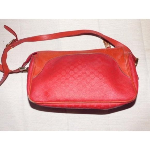 Gucci Vintage Red Leather Shoulder Bag Small G Logo Coated Canvas Print - Picture 5 of 5